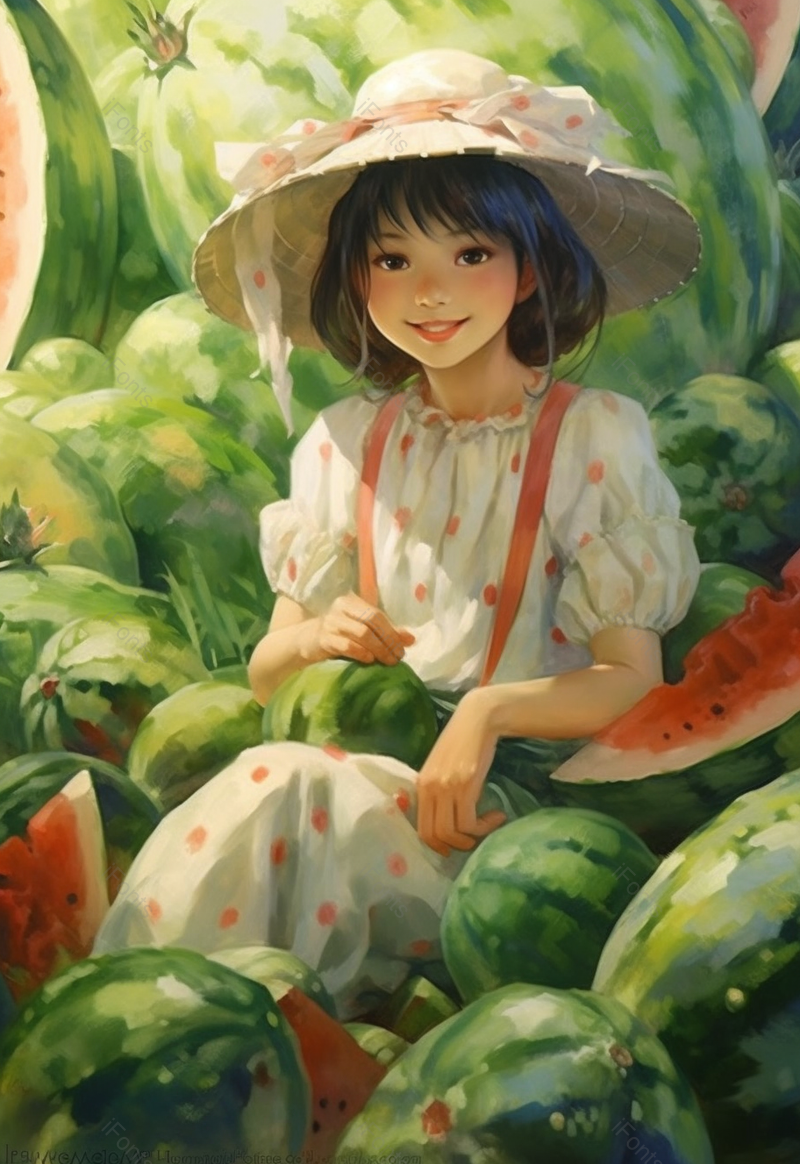 卖西瓜的小女孩夏天插画背景图,插画/手绘图,插画/手绘图库,插画/手绘图下载,插画/手绘